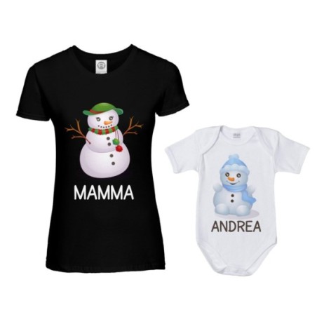 Coordinato t-shirt e body neonato madre figlio personalizzabile con nomi pupazzi di neve Natale