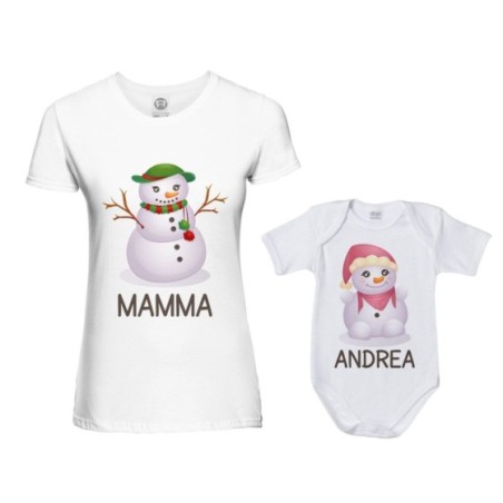 Coordinato t-shirt e body neonato madre figlio personalizzabile con nomi pupazzi di neve Natale