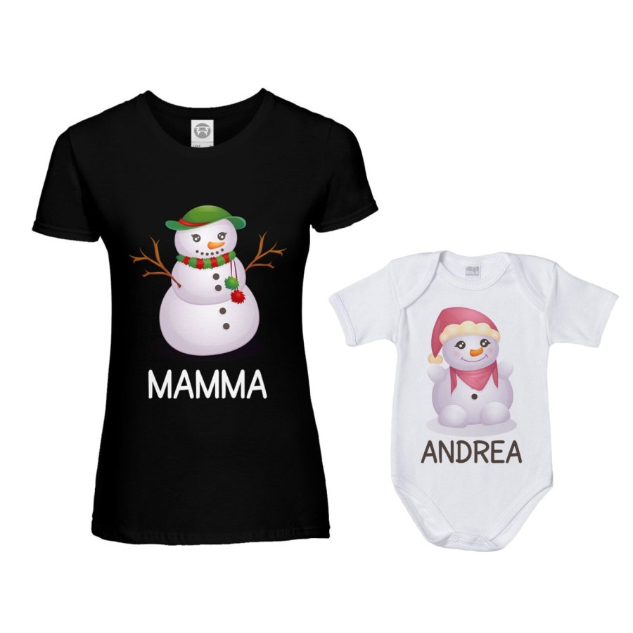 Coordinato t-shirt e body neonato madre figlio personalizzabile con nomi pupazzi di neve Natale