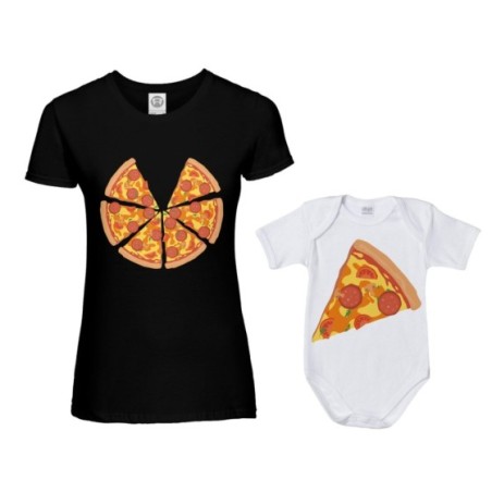 Coordinato t-shirt e body neonato madre figlio pizza