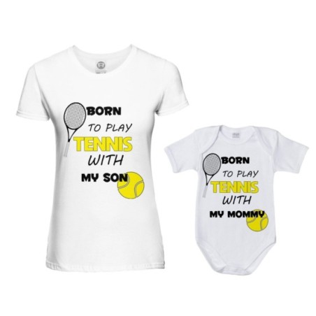 Coordinato t-shirt e body neonato madre figlio born to play tennis with my son my daughter Per la mamma