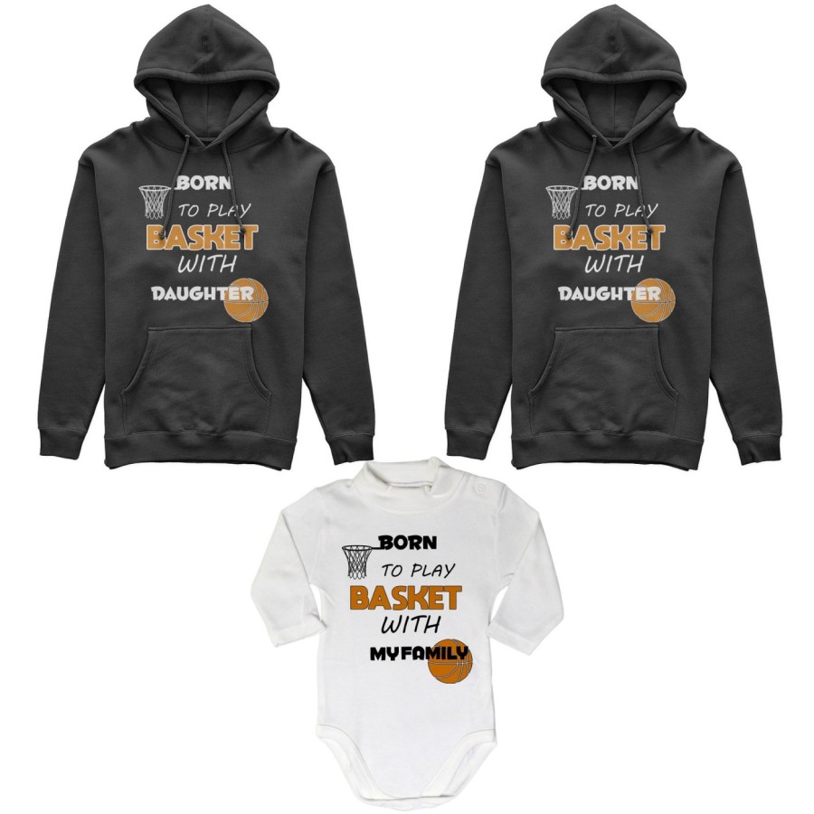 Tris felpe adulti neonato o body lupetto neonato born to play basket with my son my daughter Per la famiglia