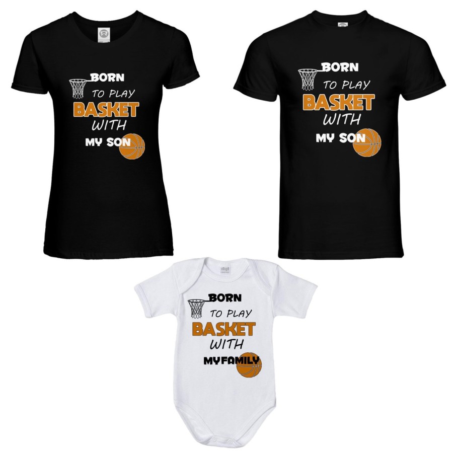 Tris t-shirt adulti e body neonato born to play basket with my son my daughter Per la famiglia