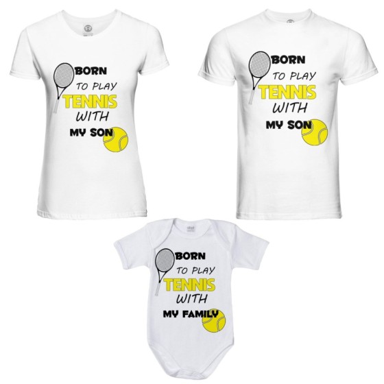Tris t-shirt adulti e body neonato born to play tennis with my son my daughter Per la famiglia 2