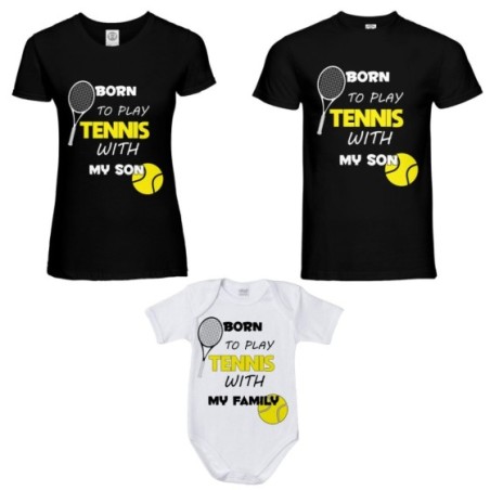 Tris t-shirt adulti e body neonato born to play tennis with my son my daughter Per la famiglia