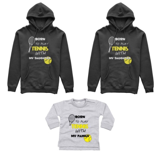 Tris felpe adulti neonato o body lupetto neonato born to play tennis with my son my daughter Per la famiglia
