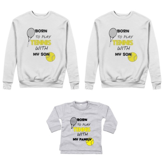 Tris felpe adulti neonato o body lupetto neonato born to play tennis with my son my daughter Per la famiglia 2