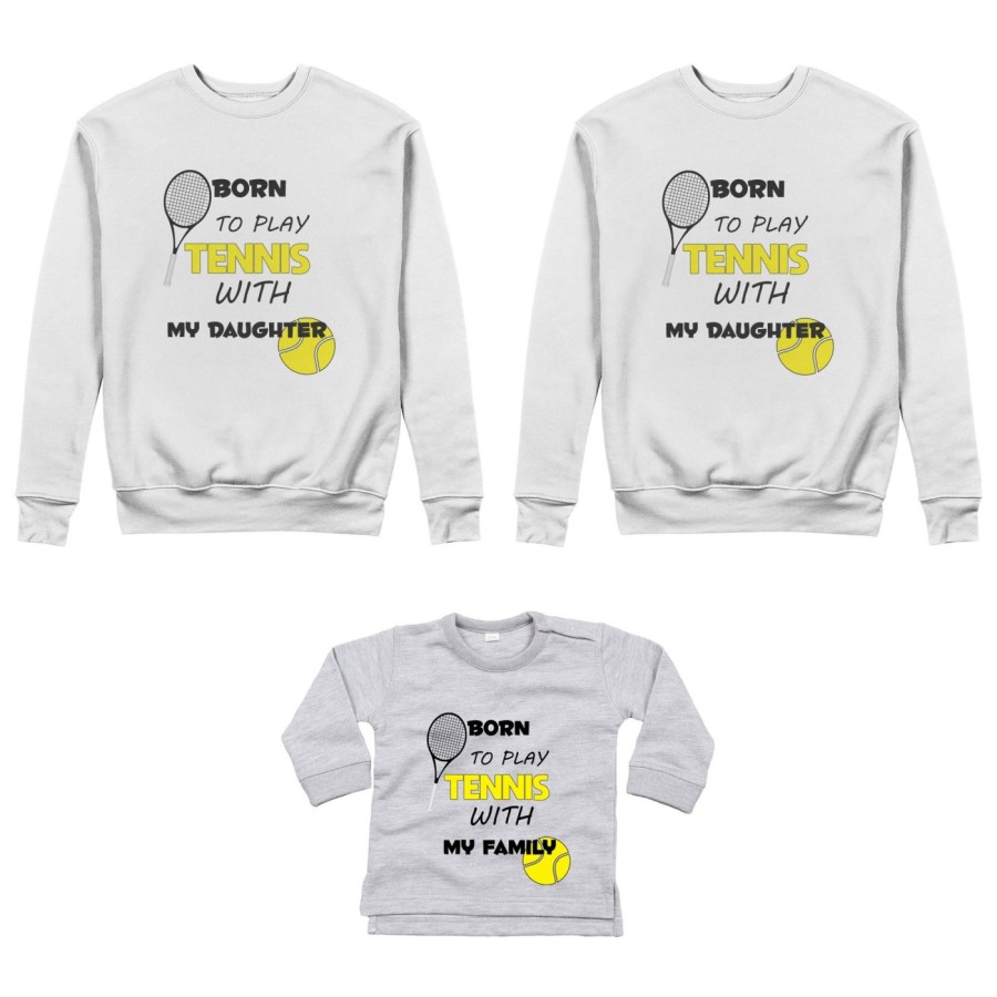 Tris felpe adulti neonato o body lupetto neonato born to play tennis with my son my daughter Per la famiglia