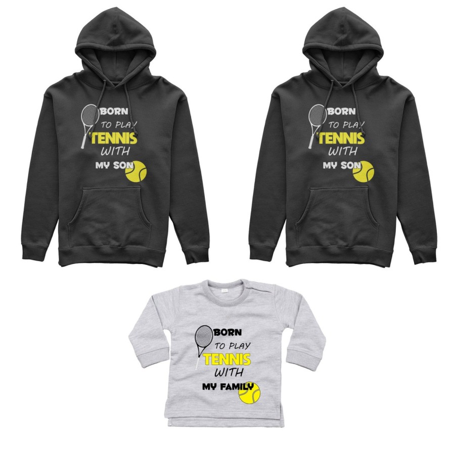 Tris felpe adulti neonato o body lupetto neonato born to play tennis with my son my daughter Per la famiglia