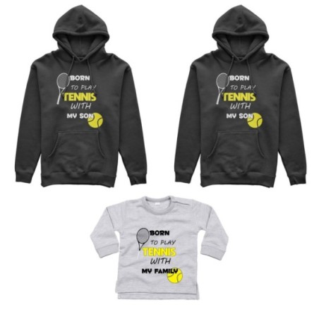 Tris felpe adulti neonato o body lupetto neonato born to play tennis with my son my daughter Per la famiglia