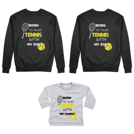 Tris felpe adulti neonato o body lupetto neonato born to play tennis with my son my daughter Per la famiglia