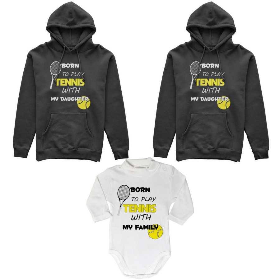 Tris felpe adulti neonato o body lupetto neonato born to play tennis with my son my daughter Per la famiglia