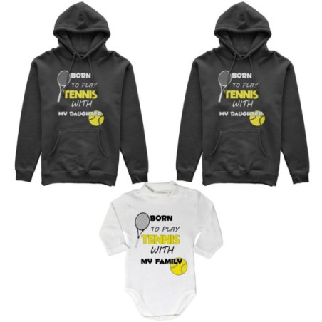 Tris felpe adulti neonato o body lupetto neonato born to play tennis with my son my daughter Per la famiglia