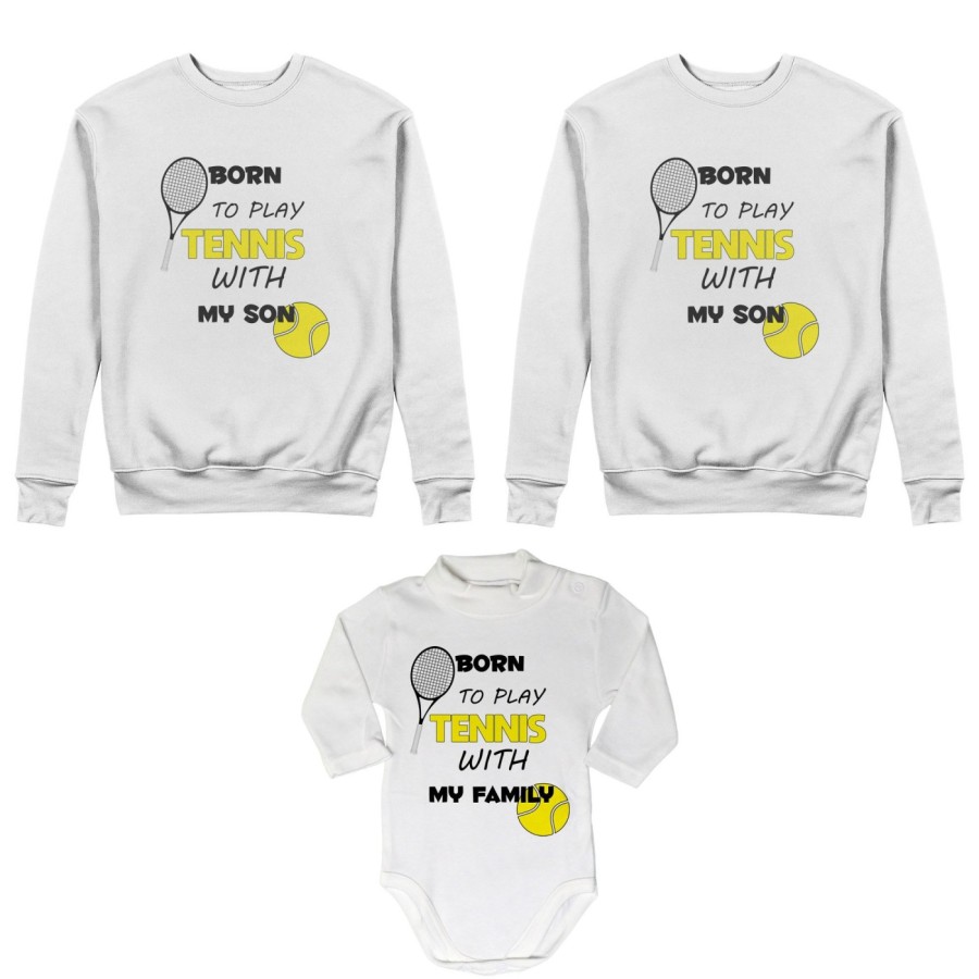 Tris felpe adulti neonato o body lupetto neonato born to play tennis with my son my daughter Per la famiglia