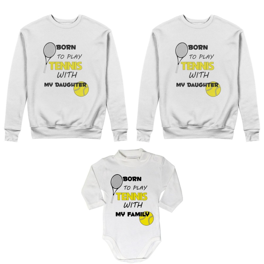Tris felpe adulti neonato o body lupetto neonato born to play tennis with my son my daughter Per la famiglia