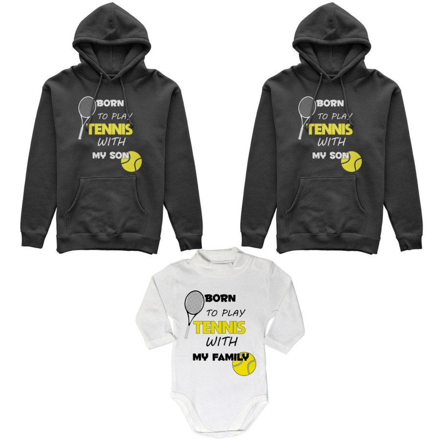 Tris felpe adulti neonato o body lupetto neonato born to play tennis with my son my daughter Per la famiglia