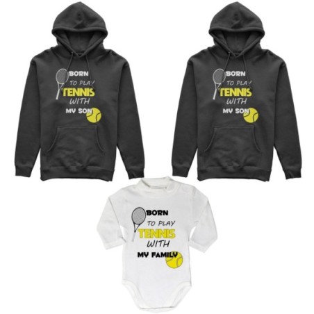 Tris felpe adulti neonato o body lupetto neonato born to play tennis with my son my daughter Per la famiglia