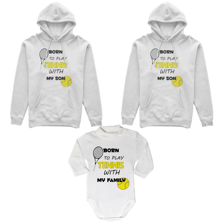 Tris felpe adulti neonato o body lupetto neonato born to play tennis with my son my daughter Per la famiglia