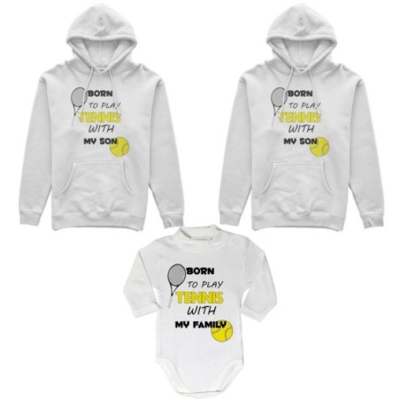 Tris felpe adulti neonato o body lupetto neonato born to play tennis with my son my daughter Per la famiglia