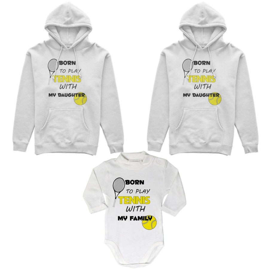 Tris felpe adulti neonato o body lupetto neonato born to play tennis with my son my daughter Per la famiglia