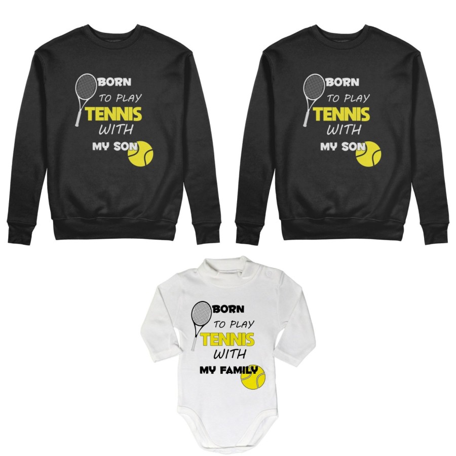 Tris felpe adulti neonato o body lupetto neonato born to play tennis with my son my daughter Per la famiglia
