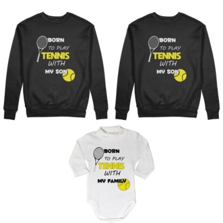 Tris felpe adulti neonato o body lupetto neonato born to play tennis with my son my daughter Per la famiglia
