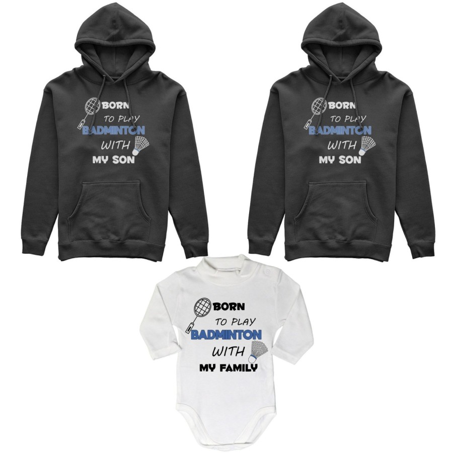 Tris felpe adulti neonato o body lupetto neonato born to play badminton with my son my daughter Per la famiglia