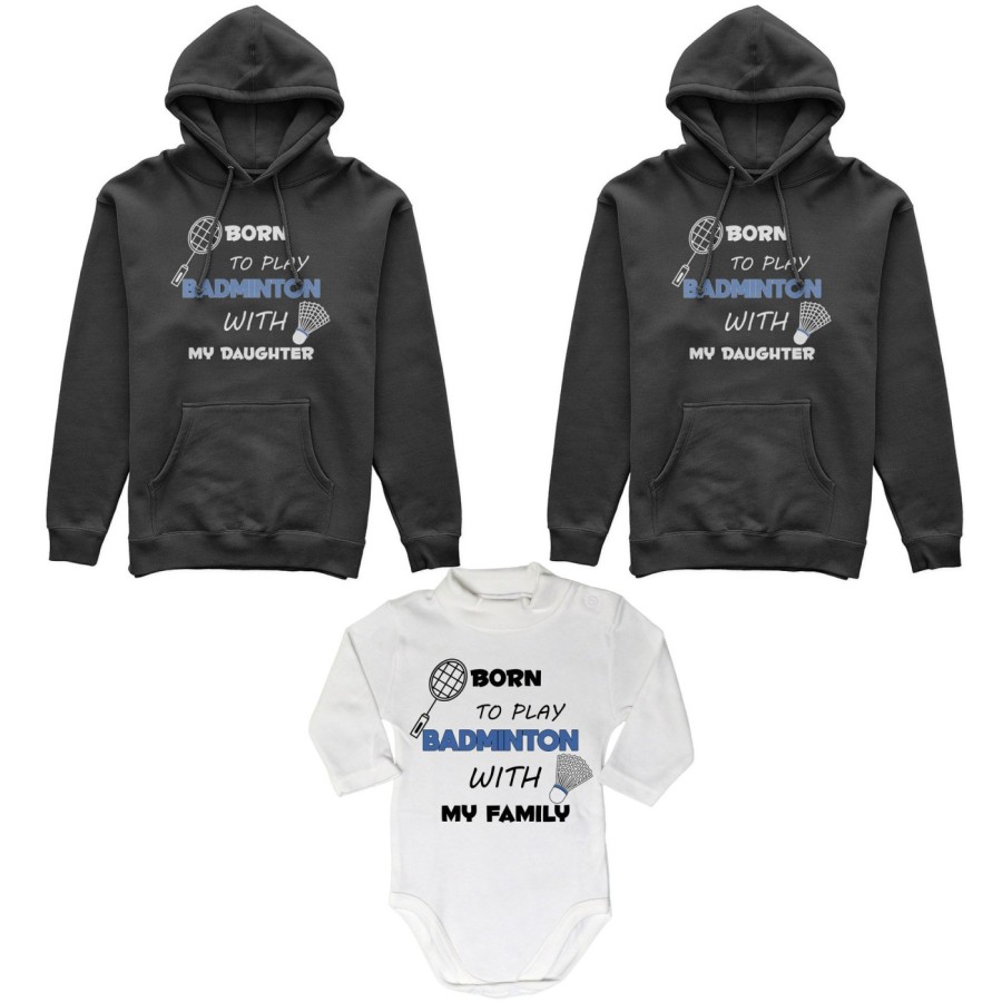 Tris felpe adulti neonato o body lupetto neonato born to play badminton with my son my daughter Per la famiglia