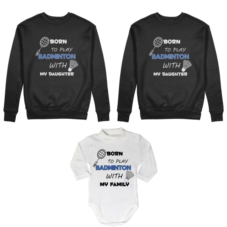 Tris felpe adulti neonato o body lupetto neonato born to play badminton with my son my daughter Per la famiglia