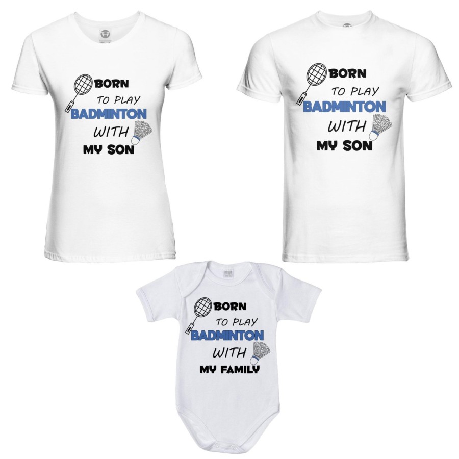 Tris t-shirt adulti e body neonato born to play badminton with my son my daughter Per la famiglia