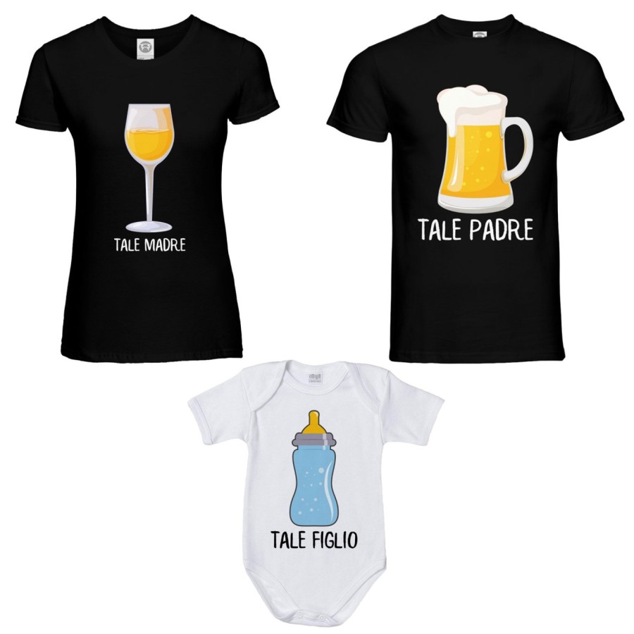 Tris t-shirt adulti body tale padre con boccale di birra tale madre con bicchiere di vino tale figlio con biberon Per la famigli