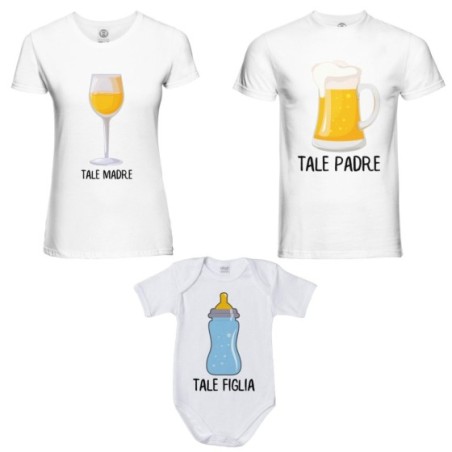 Tris t-shirt adulti body tale padre con boccale di birra tale madre con bicchiere di vino tale figlio con biberon Per la famigli