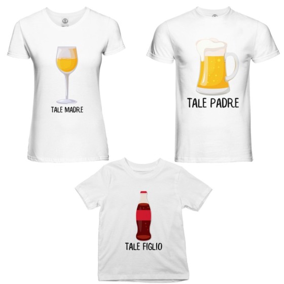 Tris t-shirt adulti bambino tale padre con boccale di birra tale madre con bicchiere di vino tale figlio con coca cola Per la fa