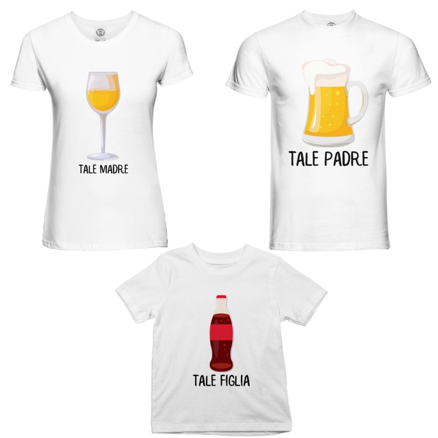 Tris t-shirt adulti bambino tale padre con boccale di birra tale madre con bicchiere di vino tale figlio con coca cola Per la fa