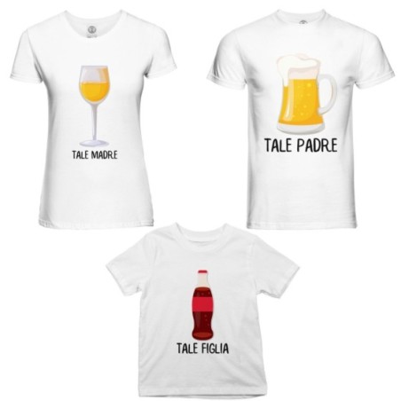 Tris t-shirt adulti bambino tale padre con boccale di birra tale madre con bicchiere di vino tale figlio con coca cola Per la fa