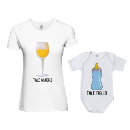 Coordinato t-shirt body madre figlio tale madre con bicchiere di vino tale figlio con biberon Per la mamma