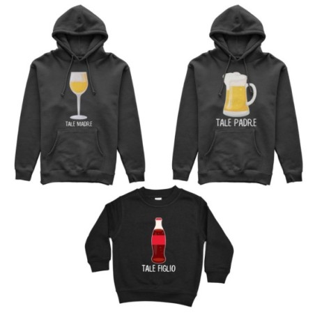 Tris felpe adulti bambino tale padre con boccale di birra tale madre con bicchiere di vino tale figlio con coca cola Per la fami