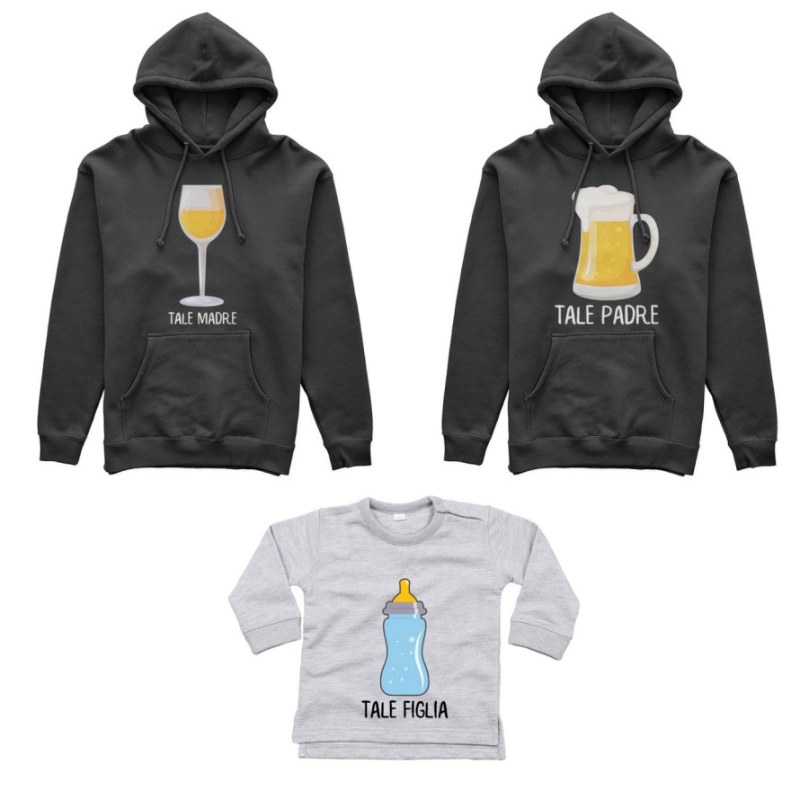 Tris felpe adulti o body lupetto tale padre boccale birra tale madre bicchiere di vino tale figlio con biberon Per la famiglia
