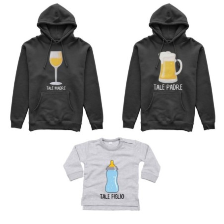 Tris felpe adulti o body lupetto tale padre boccale birra tale madre bicchiere di vino tale figlio con biberon Per la famiglia