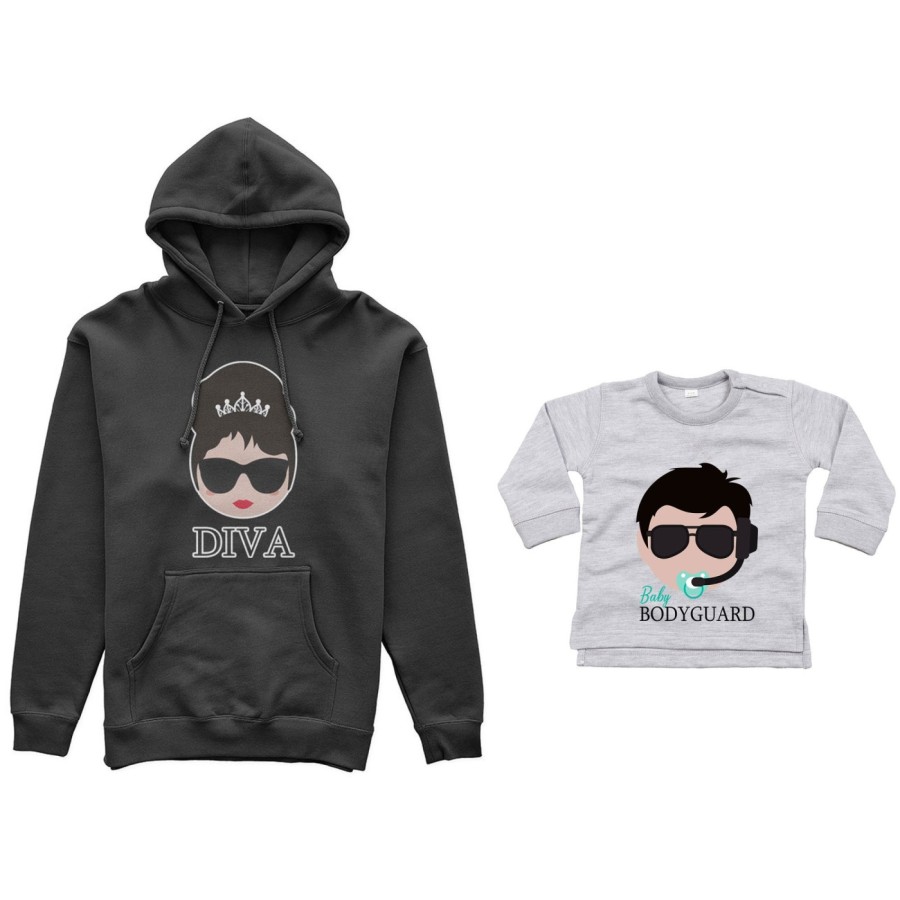 Coordinato felpe o body lupetto neonato madre figlio diva baby bodyguard Per la mamma