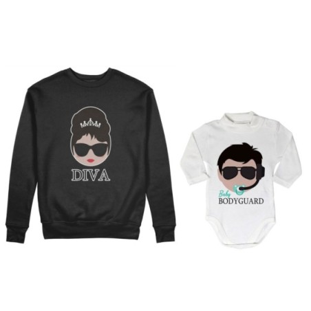 Coordinato felpe o body lupetto neonato madre figlio diva baby bodyguard Per la mamma