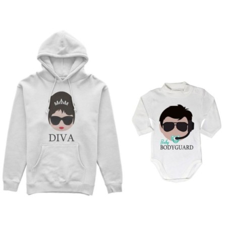 Coordinato felpe o body lupetto neonato madre figlio diva baby bodyguard Per la mamma