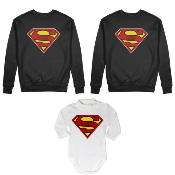 Tris felpe adulti neonato o body lupetto neonato super dad super mom super baby superman Per la famiglia