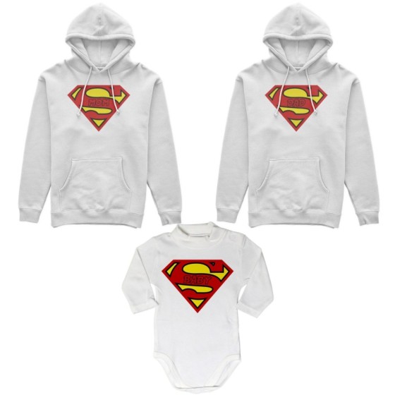 Tris felpe adulti neonato o body lupetto neonato super dad super mom super baby superman Per la famiglia 2