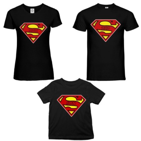 Tris t-shirt adulti bambino super dad super mom super son...