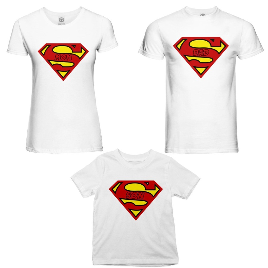 Tris t-shirt adulti bambino super dad super mom super son super daughter Per la famiglia