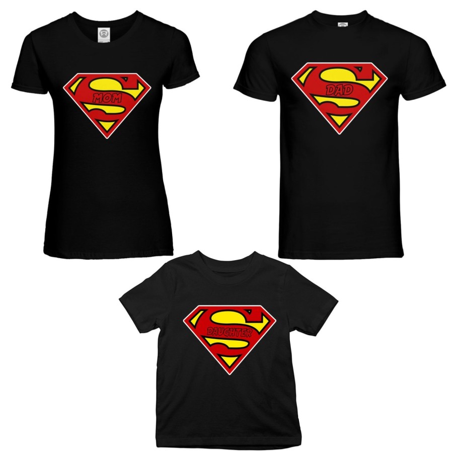 Tris t-shirt adulti bambino super dad super mom super son super daughter Per la famiglia
