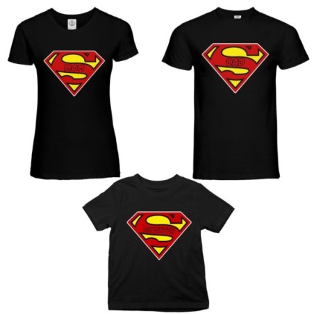 Tris t-shirt adulti bambino super dad super mom super son super daughter Per la famiglia
