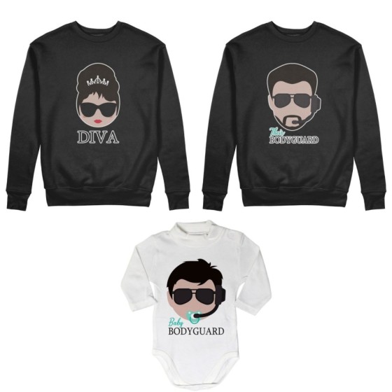Tris felpe adulti neonato o body lupetto neonato bodyguard diva baby bodyguard Per la famiglia