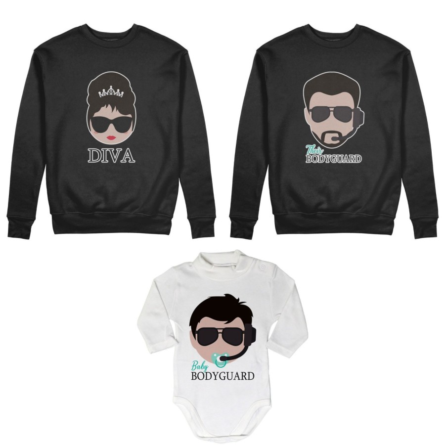 Tris felpe adulti neonato o body lupetto neonato bodyguard diva baby bodyguard Per la famiglia